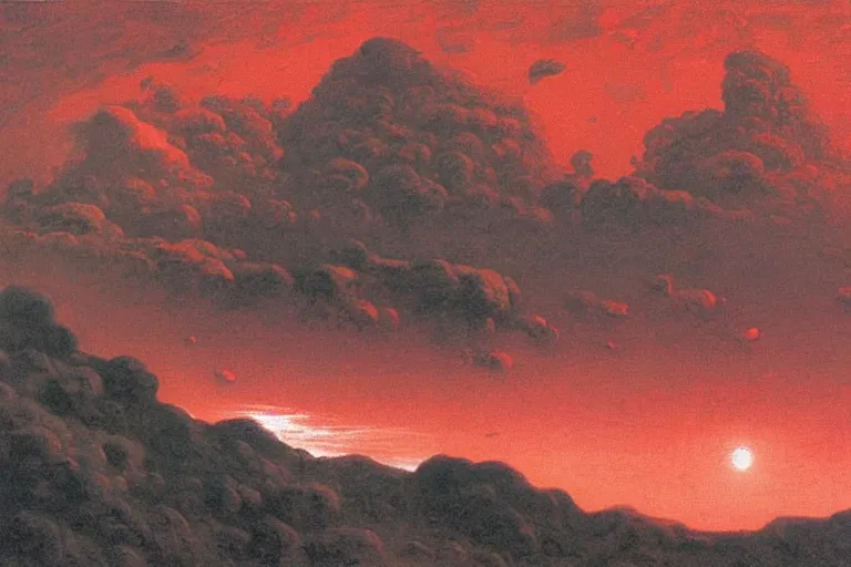 Image similar to a detailed volcanic landscape , violent clouds in the sky with glowing red eyes in the sky by Zdzisław Beksiński