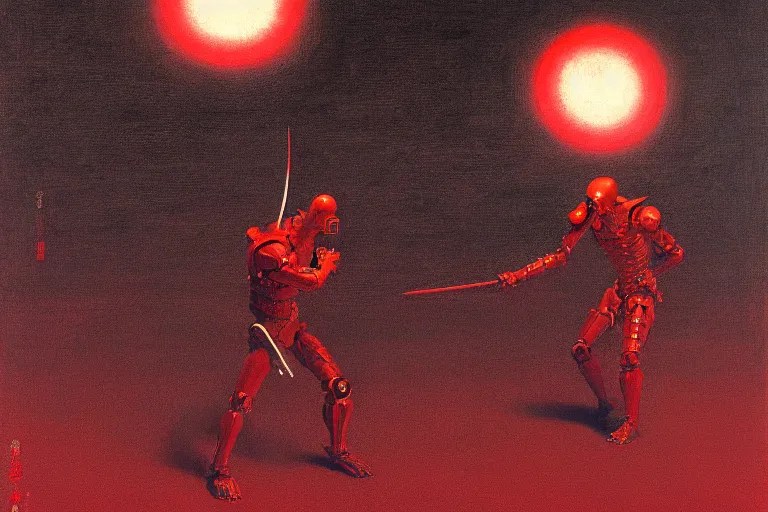 Image similar to only with red, a red cyborg samurai, tokio futuristic in background, some evil yokai fight, in the style of beksinski, parts by edward hopper, parts by rodcenko, parts by yue minjun, intricate and epic composition, red by caravaggio, insanely quality, highly detailed, masterpiece, red light, artstation, 4 k