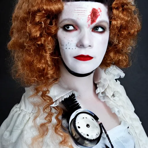 Image similar to Clockwork Cyborg Vampire French Aristocrat, powdered wig, gears, prosthetics, full-body