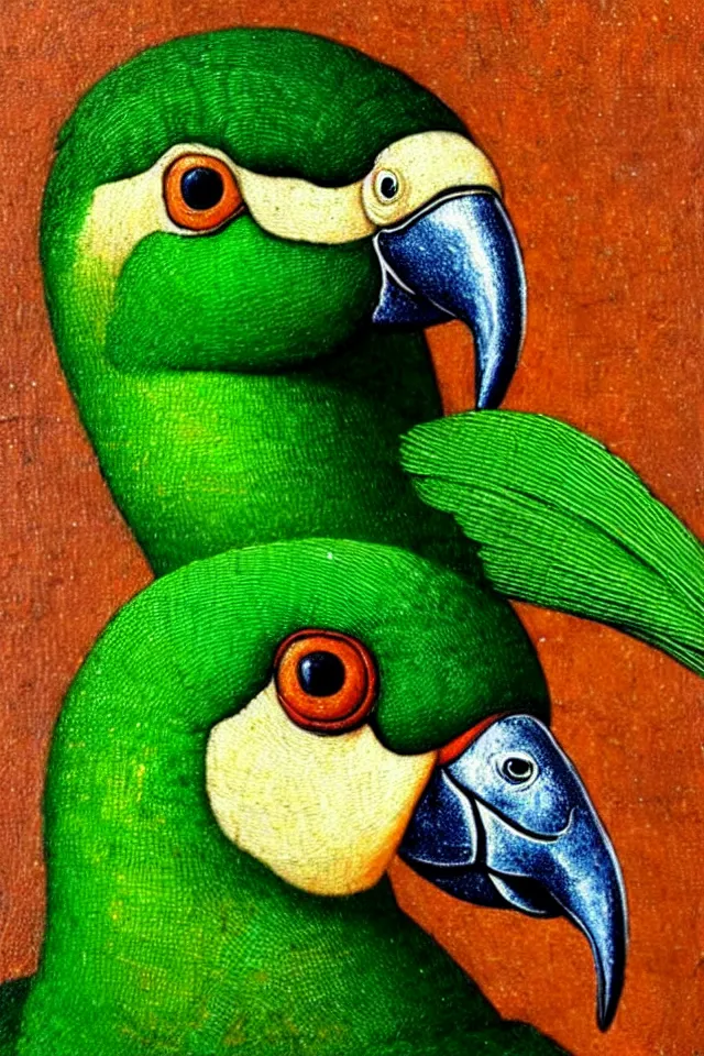 Image similar to a renaissance close up portrait of a green duck parrot as a ninja turtle, centered, triumphant, beautiful intricate painting