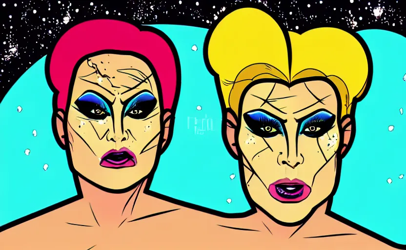 Image similar to portrait drag queen with bruised face on a space ship in comic style