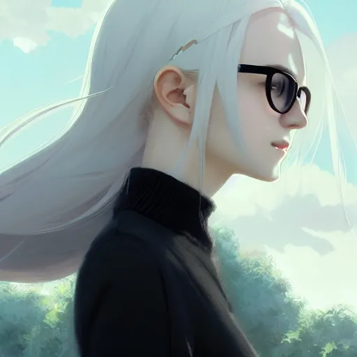 Prompt: cute girl white pale hair white white hair in black sweater black glasses standing field background by greg rutkowski makoto shinkai aramaki shinji artgerm, cushart krenz key art feminine