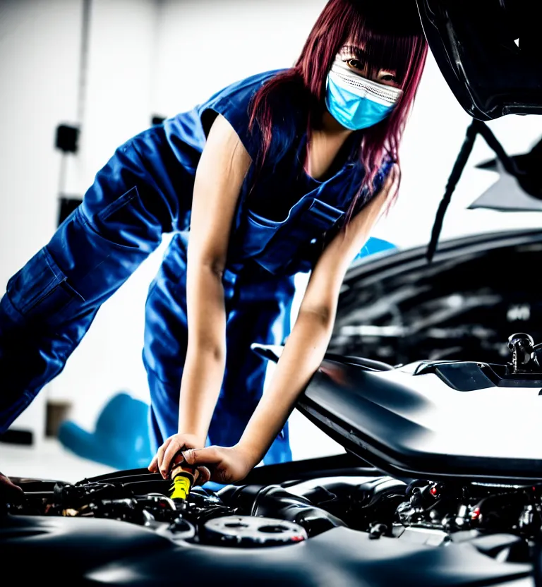 Image similar to a photo close up a female mechanic tuning the engine of a jdm supercar, wearing mask, japanese tuning garage, gunma prefecture, midnight, photorealistic, cinematic color, studio lighting, highly detailed, bokeh, style by tomino - sama