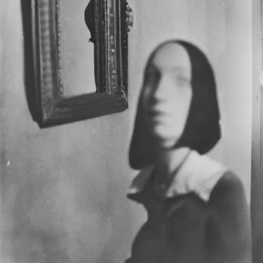 Prompt: photo portrait of a sad woman in front of her mirror taken by the photographer Clarence H. White