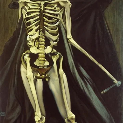 Prompt: the grim reaper, skeleton, oil painting, canvas, paul delaroche, alphonse mucha, arnold böcklin, hermann hendrich, very detailed