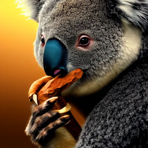 Image similar to koala in a leather jacket smoking a cigar sitting at a conference table shouting, full body shot, portrait, fantasy, beautiful face, vivid colors, elegant, concept art, sharp focus, digital art, Hyper-realistic, 4K, Unreal Engine, Highly Detailed, HD, Dramatic Lighting by Brom, trending on Artstation