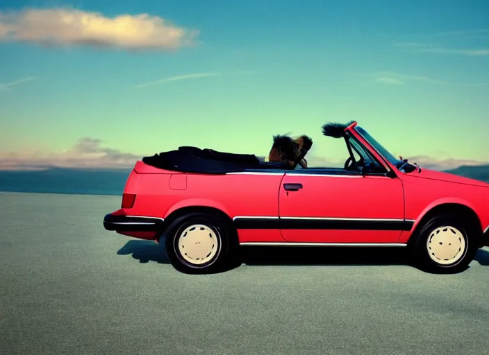 Prompt: color photo of a volkswagen golf cabriolet the 8 0's. gradient sky in the background. new wave style