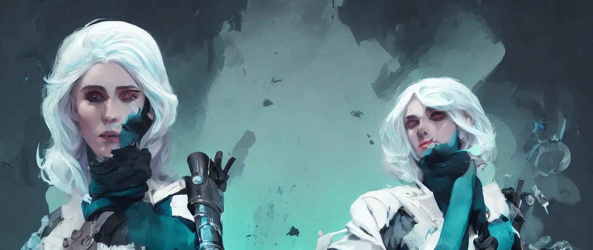 Image similar to a duochrome black and teal background comic noir illustration painting of ciri of cintra with white hair by sachin teng and sergey kolesov and ruan jia and heng z. graffiti art, scifi, fantasy, hyper detailed. octane render. concept art. trending on artstation