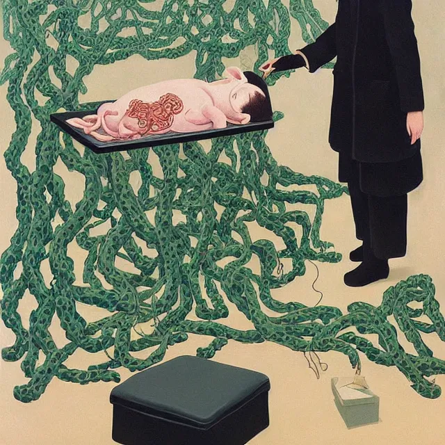 Prompt: a female pathology student in her apartment, wrapped in vines, medical equipment, stepping stones, octopus, first aid kit, pig, black walls, ikebana, black armchair, sculpture, acrylic on canvas, surrealist, by magritte and monet