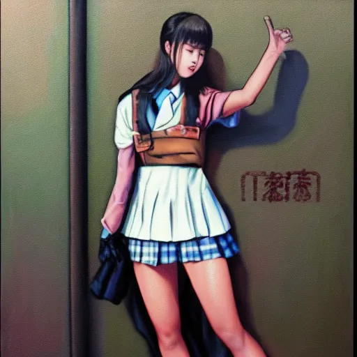 Image similar to a perfect, realistic professional 80s oil painting of a Japanese schoolgirl posing in a dystopian alleyway, style of Marvel, full length, by a professional American senior artist on ArtStation, a high-quality hollywood-style concept