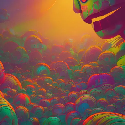 Image similar to neverending - story, critters - movie, color - out - of - space, lisa - frank, satoshi - kon, deathscape, fleshy - surfaces, vivid - colors, fruggles, cinematic - lighting, high - detail, artstation, octane render, 4 k,