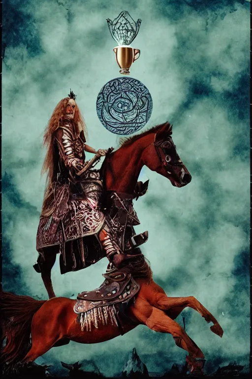 Image similar to self - transforming machine elf riding horse and holding chalice in the style of nordic noir television, dmt fractal tiling across the background, double exposure film, kodak portra 4 0 0, knight of cups, etteilla tarot