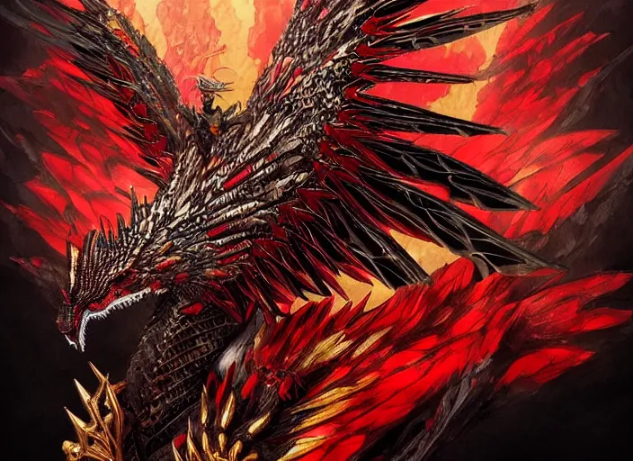 Image similar to Majestic winged dragon with ornate red and gold scales. In style of Yoji Shinkawa and Hyung-tae Kim, trending on ArtStation, dark fantasy, great composition, concept art, highly detailed.