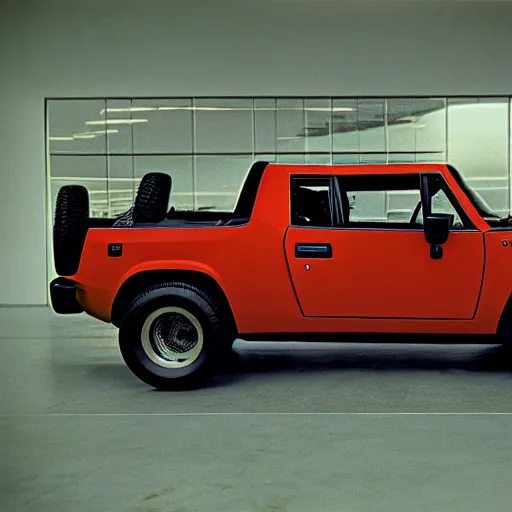 Prompt: 1979 HUMMER BMW M1, inside of an auto dealership, ektachrome photograph, volumetric lighting, f8 aperture, cinematic Eastman 5384 film