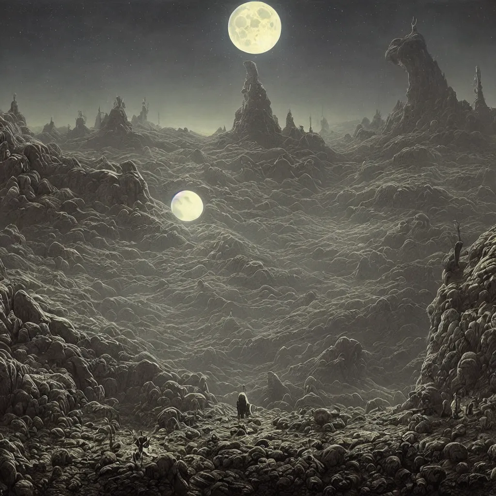 Image similar to a surreal and awe - inspiring science fiction landscape, moon in the sky looks like a skull, intricate, elegant, highly detailed matte painting by simon stalenhag and george bellows