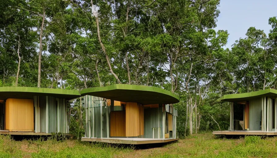 Image similar to A wide image of an eco-community neighborhood of innovative contemporary 3D printed prefab sea ranch style cabins with rounded corners and angles, beveled edges, made of cement and concrete, organic architecture, in a lush green forest Designed by Gucci and Wes Anderson, golden hour