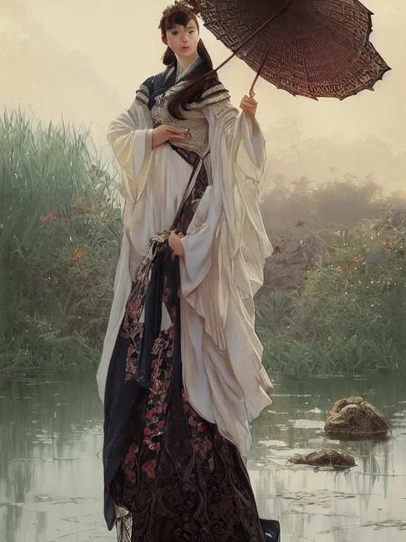 Image similar to portrait of a beautiful seductive slightly plump european girl wearing hanfu walking on water, farm background, fantasy, d & d, dark eyeliner, intricate, elegant, highly detailed, digital painting, artstation, concept art, matte, sharp focus, illustration, art by greg rutkowski and alphonse mucha