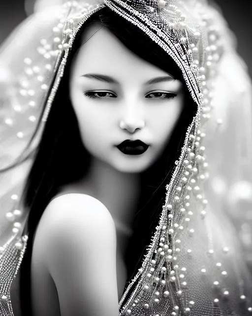 Image similar to black and white dreamy young beautiful veiled female artificial intelligence, realistic pearl ornament in the face, long hair are intricate with highly detailed realistic pearls, cinematic, rim light, bokeh, photo - realistic, elegant, high detail, 8 k, masterpiece, photo taken in 1 9 3 0