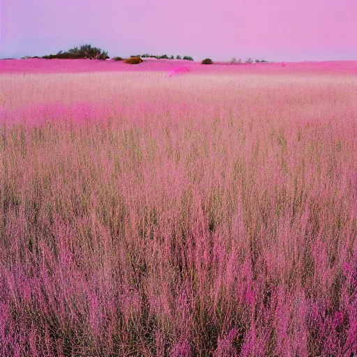 Prompt: a ultra high definition pastel coloured photograph from a holiday photo album. 5 0 mm lens, depicting a pale pink tent pitched and lit fire in a vast pastel pink field made of pastel pink grass blades in an alien world, pale pink grass, pale pink sky. no artefacts. highly detailed. no green colour.