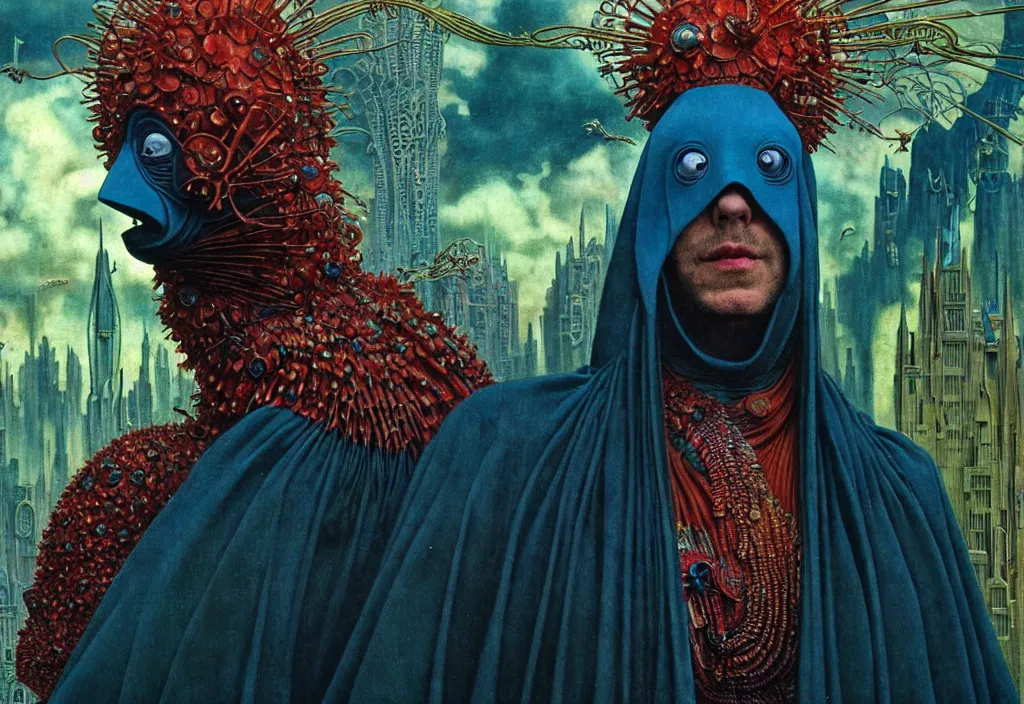 Image similar to realistic detailed portrait movie still of a birdman wearing dark robes, sci fi city landscape background by denis villeneuve, amano, yves tanguy, alphonse mucha, ernst haeckel, max ernst, roger dean, david lynch, masterpiece, rich moody colours, blue eyes, snarling dog teeth