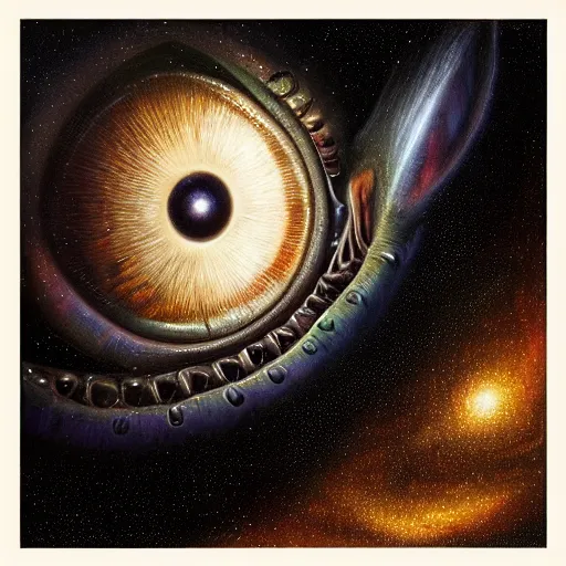 Prompt: low angle shot of a cat eye with the galaxy in the iris by clive barker, intricate, elegant, highly detailed, centered, digital painting, artstation, concept art, smooth, sharp focus, illustration, artgerm, Tomasz Alen Kopera, Peter Mohrbacher donato giancola, Joseph Christian Leyendecker, WLOP, Boris Vallejo.