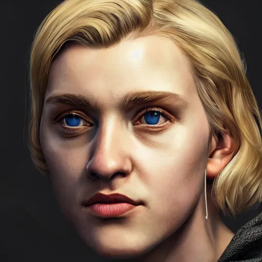 Image similar to A Hearts of Iron IV portrait of a blonde German actress. Highly detailed, fine Art, high detail, great lighting, 8k resolution, masterpiece, concept art, illustration, clear eyes, painting oil on canvas, octane render, HDR, trending on artstation, 4k, 8k, HD