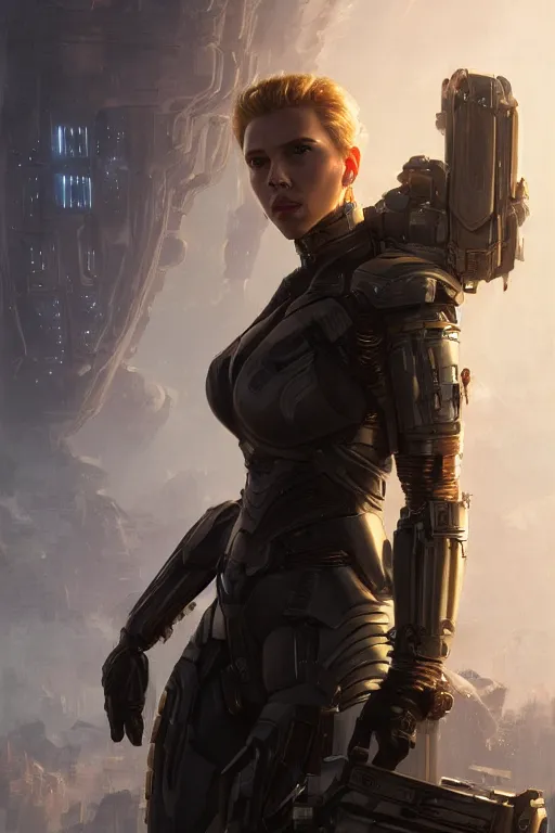 Image similar to a fancy portrait of a Scarlett Johansson wearing sci-fi armour by Greg Rutkowski, Sung Choi, Mitchell Mohrhauser, Maciej Kuciara, Johnson Ting, Maxim Verehin, Peter Konig, final fantasy , mythical, 8k photorealistic, cinematic lighting, HD, high details, atmospheric,