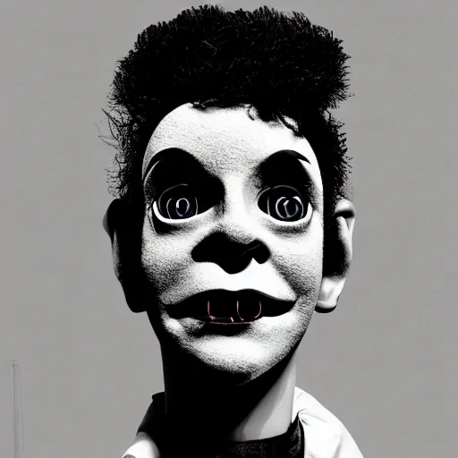 Image similar to A extremely ultra high detailed stunning portrait of a ventriloquist dummy in eraserhead, scary, twisted horrifying, creepy ,ethereal, dramatic lightning, rim light, hyperrealistic, photorealistic, octante render, elegant, cinematic, high textures, hyper sharp, 8k, insanely detailed and intricate, graphic design, cinematic atmosphere, hypermaximalist, hyper realistic, super detailed, 4k HDR hyper realistic high quality