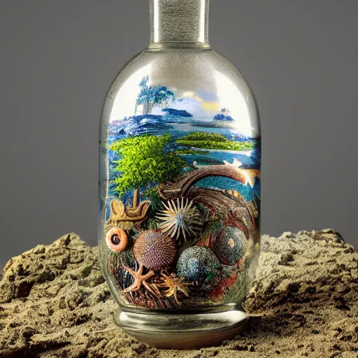 Prompt: a primordial landscape contained inside an ornate vintage glass bottle on a beach, by charles vess, studio ghibli, james gurney, ernst haeckel, artstation, 8 k, beautiful light, hyperrealism, studio photography