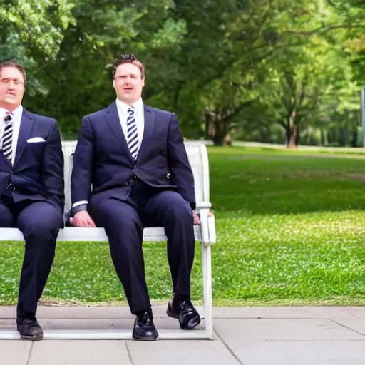 Prompt: two clean - shaven chubby white men in suits and neckties sitting on a park bench, holding manila folders.