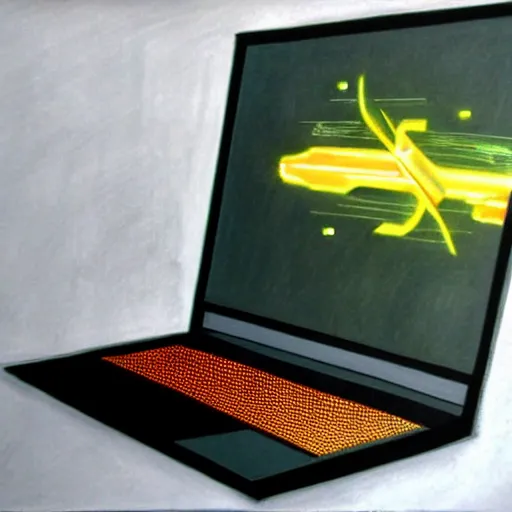 Image similar to drawing of innovative concept laptop by Japanese engineers, blade runner style, 3d, photorealism