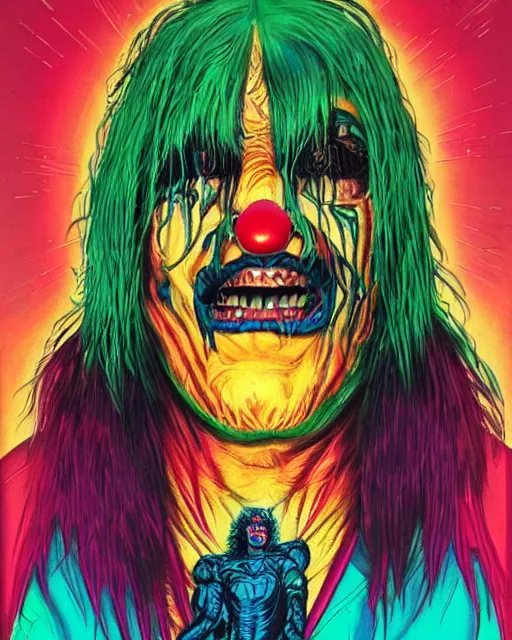 Image similar to trent reznor with long hair as a psycho clown, horror, high details, bright colors, striking, intricate details, by vincent di fate, artgerm julie bell beeple, 1 9 8 0 s, inking, vintage 8 0 s print, screen print