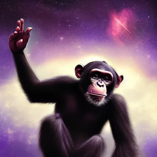 Image similar to a chimpanzee floating through outer space reaching out and touching nebula with it's finger, digital art, concept art, DeviantArt, art station illustration highly detailed artwork cinematic hyper realistic