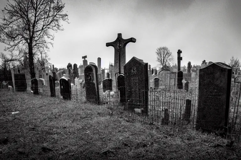 Image similar to photo of a graveyard guarded by a gravekeeper, unsettling atmosphere, eerie, bizarre, horror