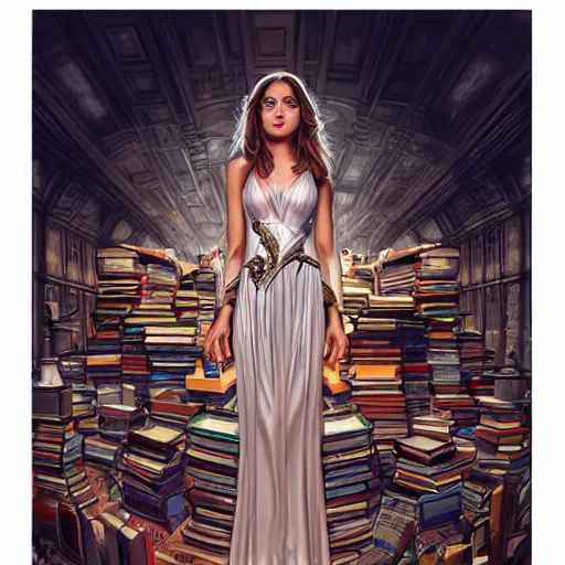 Prompt: a portrait of ana de armas as the goddess minerva, surrounded by stacks of books, bioluminescent gown with deep level of detail of esoteric symbols, urban motifs, intricate, elegant, highly detailed, digital painting, trending on artstation, concept art, smooth sharp focus, illustration, art by artgerm and greg rutkowski