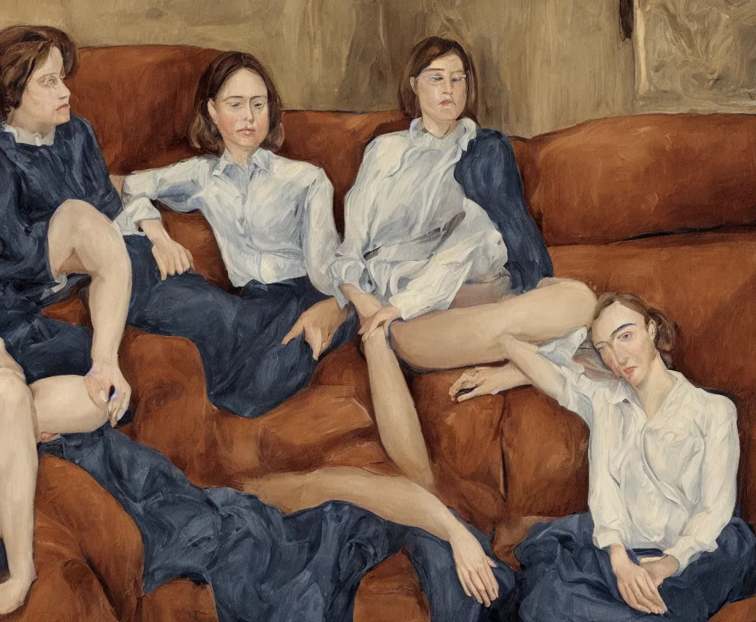 Image similar to two women, in an old english apartment on a brown leather sofa. one is wearing a dark blue sweather, the other a white shirt. brown hair, they are looking into the camera. wide shot. in the style of lucien freud. oil painting.