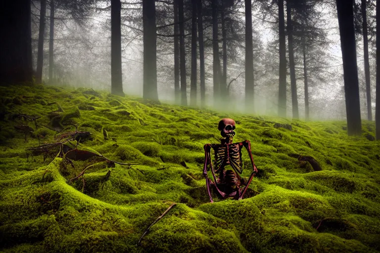 Image similar to a burning with fire human skeleton sitting behind computer, overgrown with moss, in foggy forest, at night with moon, dark atmosphere, by carus carl gustav