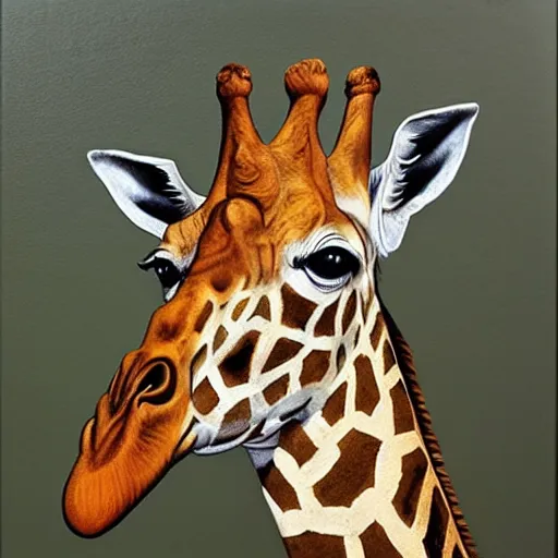 Image similar to an oil painting of a giraffe painted by arcimboldo