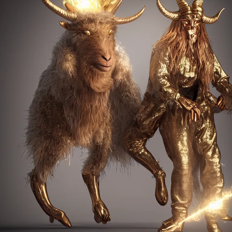 Image similar to octane render portrait by national geographic and wayne barlow and carlo crivelli and glenn fabry, a demon with the furry head of a goat with shining golden horns wearing a tight iridescent silver latex pants and shirt, inside an explosion of glitter, cinema 4 d, ray traced lighting, very short depth of field, bokeh