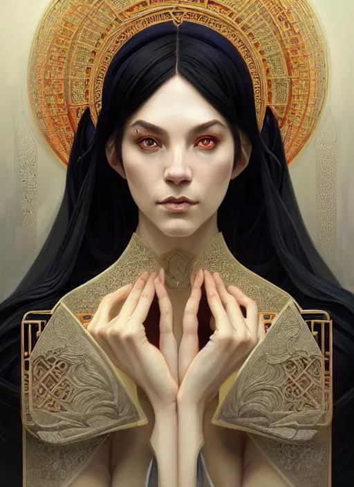 Image similar to symmetry!! portrait of a female sorcerer, dar fantasy, intricate, elegant, highly detailed, my rendition, digital painting, artstation, concept art, smooth, sharp focus, illustration, art by artgerm and greg rutkowski and alphonse mucha and huang guangjian and android jones and sachin teng