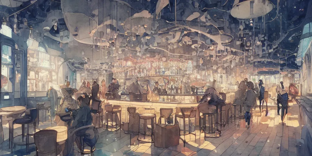 Prompt: a beautiful insanely intricate watercolor illustration of modern bar indoor, reflexions, colorfull, by greg rutkowski, by james jean, by rossdraws, by frank franzzeta, by sakimichan, by edmund dulac, trending on artstation, insanely detailed, masterpiece,