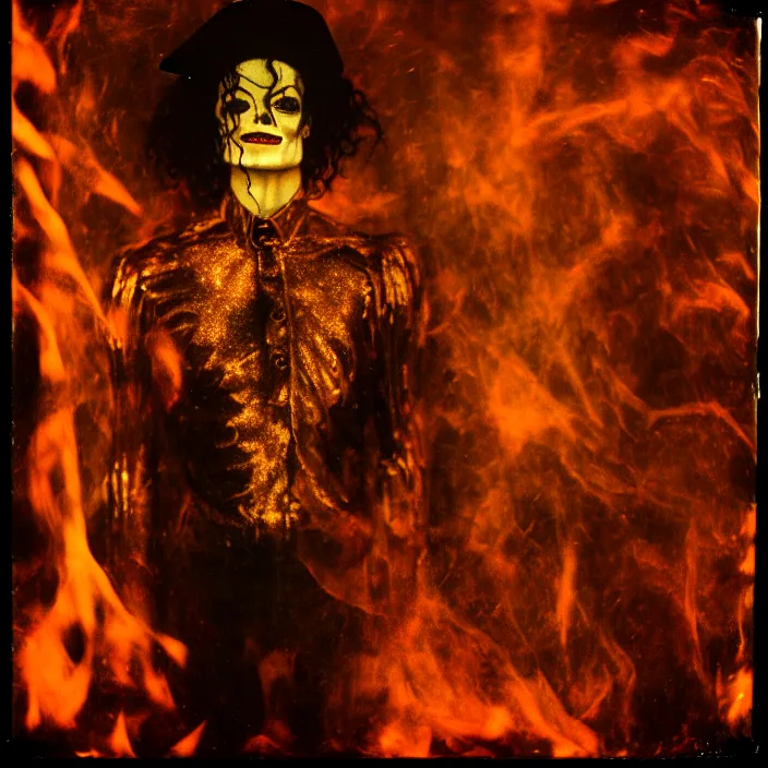 Prompt: kodak portra 4 0 0, wetplate, motion blur, portrait photo of a backdrop, michael jackson skelleton, golden 1 9 2 0 s, coloured in orange fire, sparkling, by georges melies and by britt marling, muted colours