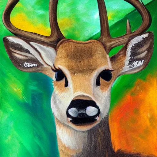 Image similar to deer with a cigarette in its mouth and thick smoke coming out of the cigarette, abstract, thick paint, painterly, brown and green palette, dripping paint