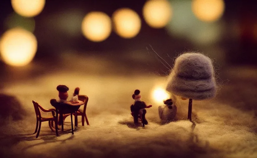 Image similar to mini cafe diorama macro photography, needle felted animals, ambient, atmospheric photograph, string lights, romantic