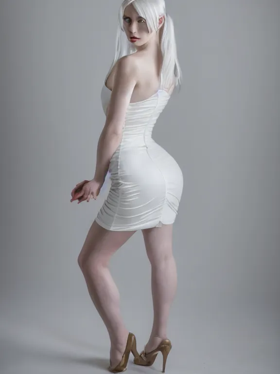 Prompt: 2 8 mm studio photo of gorgeous seductive emily skinner cosplaying annie leonhart wearing tight white dress, beautiful face, pale skin, rule of thirds, cinematic lighting, sharp focus, backlit, stunning, smooth, hard focus, glamour pose, full body shot