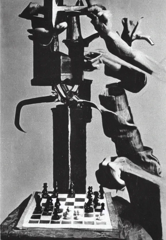 Image similar to marcel duchamp holding up a chess - piece wire - machine, a surrealist painting by marcel duchamp, complex artificial - intelligence machinery, flickr contest winner, studio portrait, 1 9 2 0 s