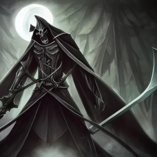 Prompt: Karthus from League of Legends as a grim reaper, holding a scythe, wearing a cloak, epic detail, night