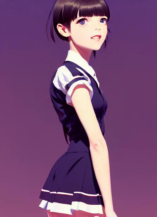 Image similar to full body beautiful and cute and aesthetic school girl greeting, very slightly smiling, wave a hand at the camera, perfect face, symmetric eyes, sharp focus, specular reflection, occlusion shadow, artstation, by ilya kuvshinov and jeremy lipking, light novel cover art, 3 d epic illustrations, symmetric body, model pose