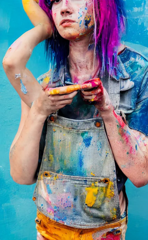 Prompt: grungy woman, rainbow hair, soft eyes and narrow chin, dainty figure, wet t-shirt, torn overalls, skimpy shorts, covered in paint, Sony a7R IV, symmetric balance, polarizing filter, Photolab, Lightroom, 4K, Dolby Vision, Photography Award