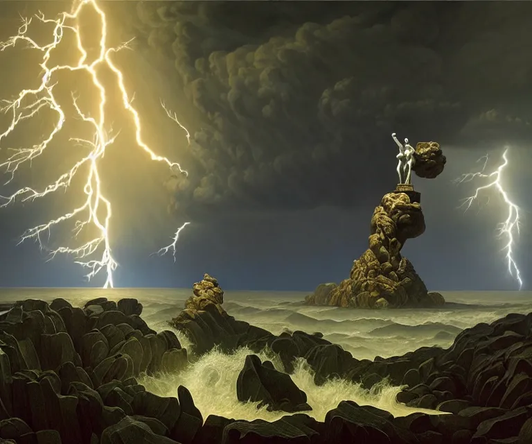 Image similar to hyper detailed 3d render like a Oil painting - greek god zeus standing tall on top of mount olympus, lightning storm in background, anger + wrath, by Jacek Yerka, Mariusz Lewandowski, Houdini algorithmic generative render, Abstract brush strokes, Masterpiece, Edward Hopper and James Gilleard, Zdzislaw Beksinski, Mark Ryden, Wolfgang Lettl, hints of Yayoi Kasuma, octane render, 8k